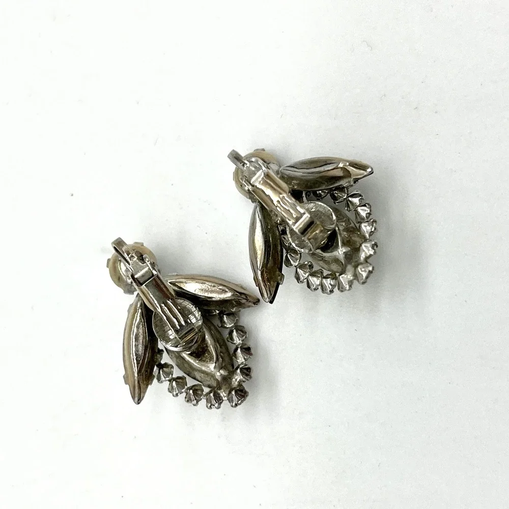 Rhinestone‎ Clip On Earrings Marquise Accents Vintage Style Silver Toned